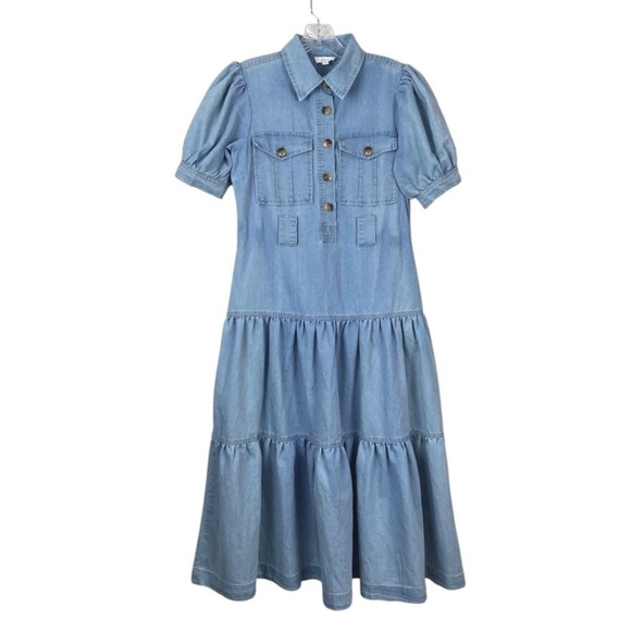 Elan Cotton Denim Tiered Shirt Dress XS Button Front A Line Puff Sleeve Blue - Picture 1 of 8